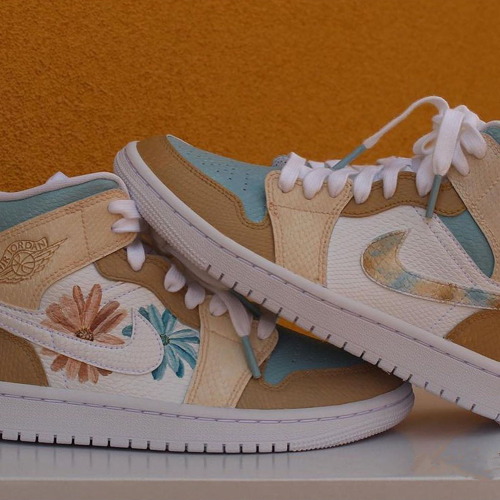 Custom Air Jordan 1 Khaki Blue Flowers