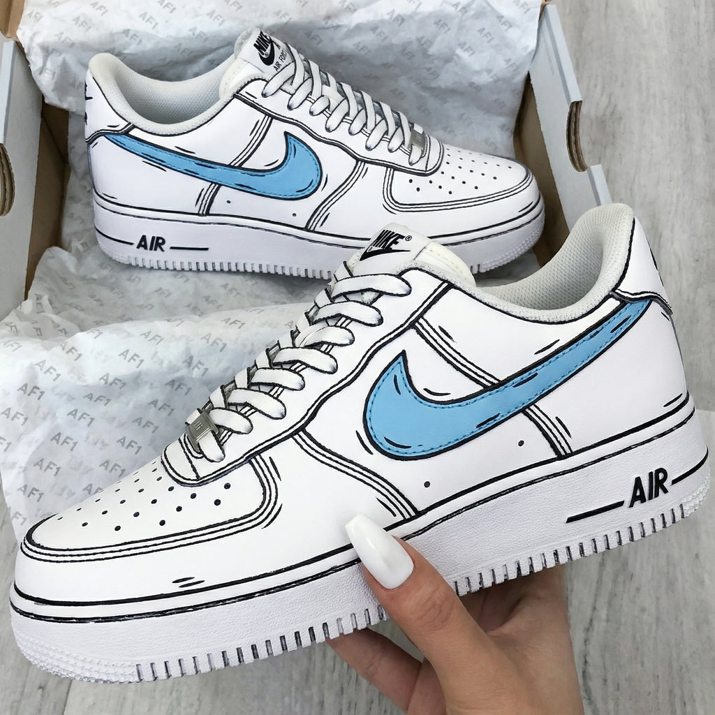 Cartoon Outline White Baby Blue Custom AF1 – customasurprise