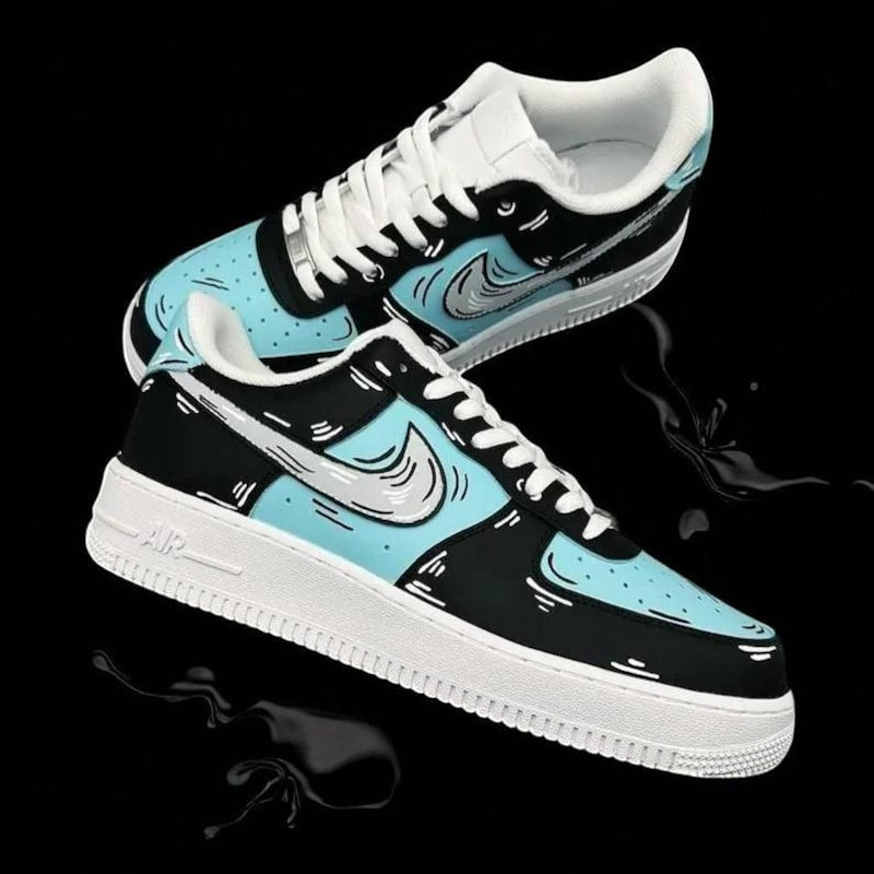 Custom Air Force 1 Baby Blue Black Cartoon Pattern