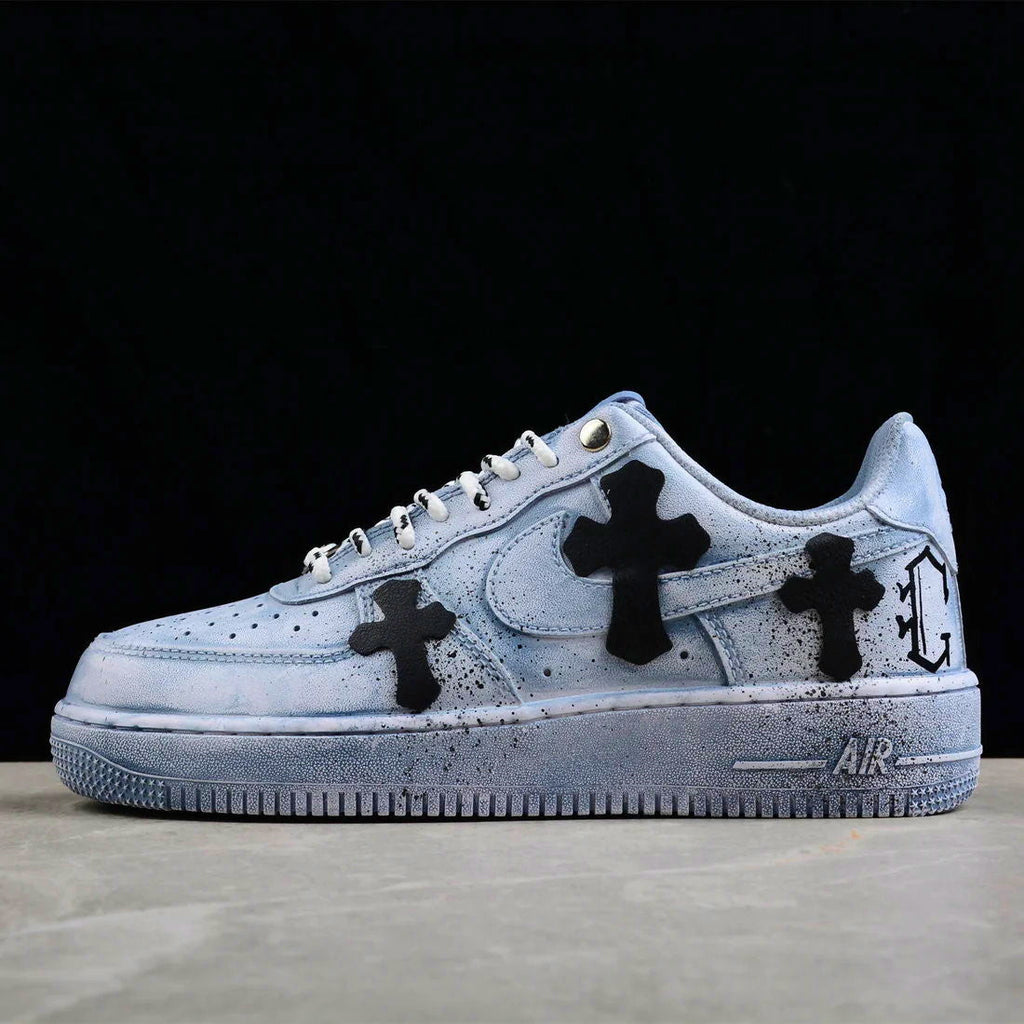 Custom Air Force 1 Baby Blue With Black Crosses And Splatter Pattern