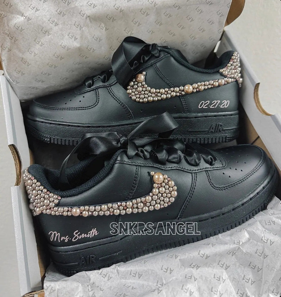 Custom Air Force 1 Black Gold Pearl Embellished
