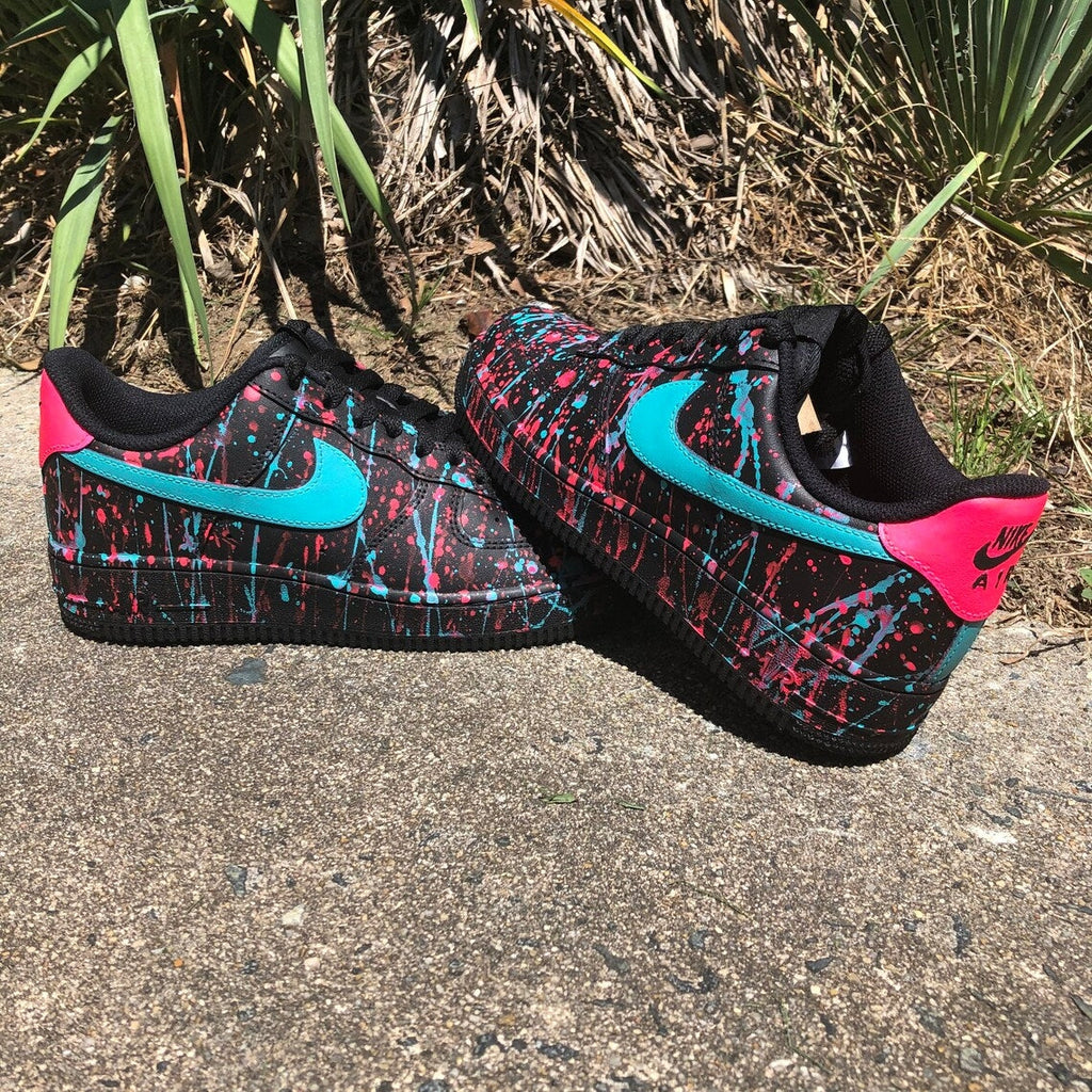 Custom Air Force 1 Black Pink And Teal Splatter Patterns