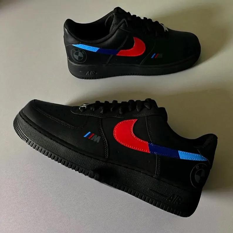 Custom Air Force 1 Black Red Blue BMW Stripes Logo