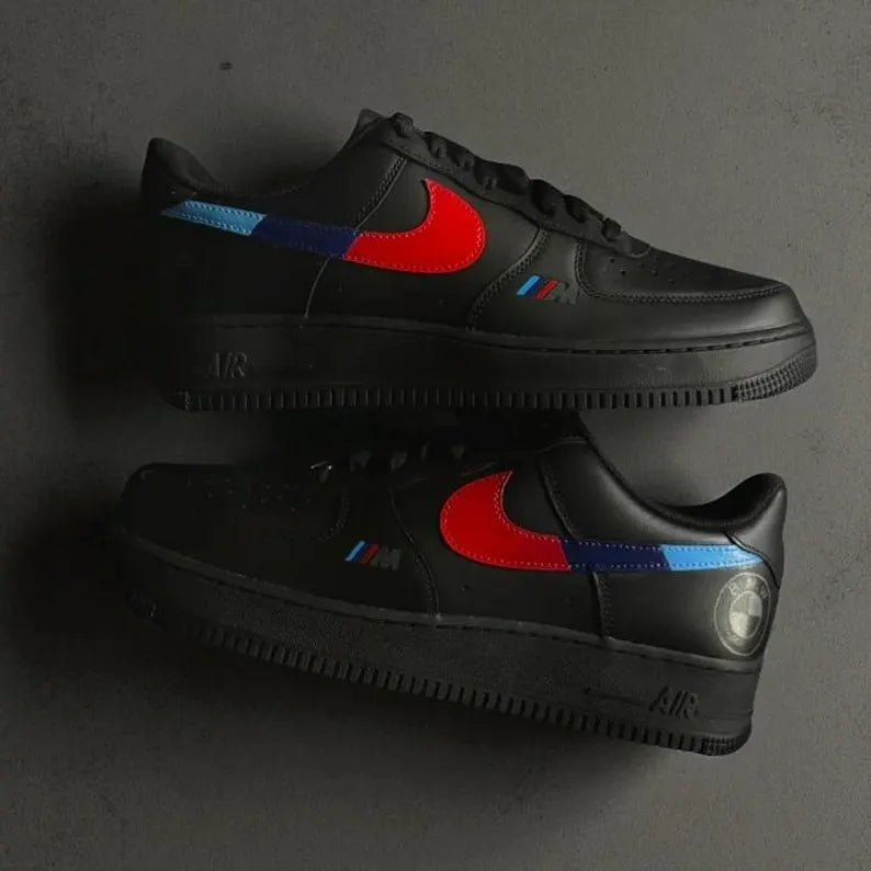 Custom Air Force 1 Black Red Blue BMW Stripes Logo