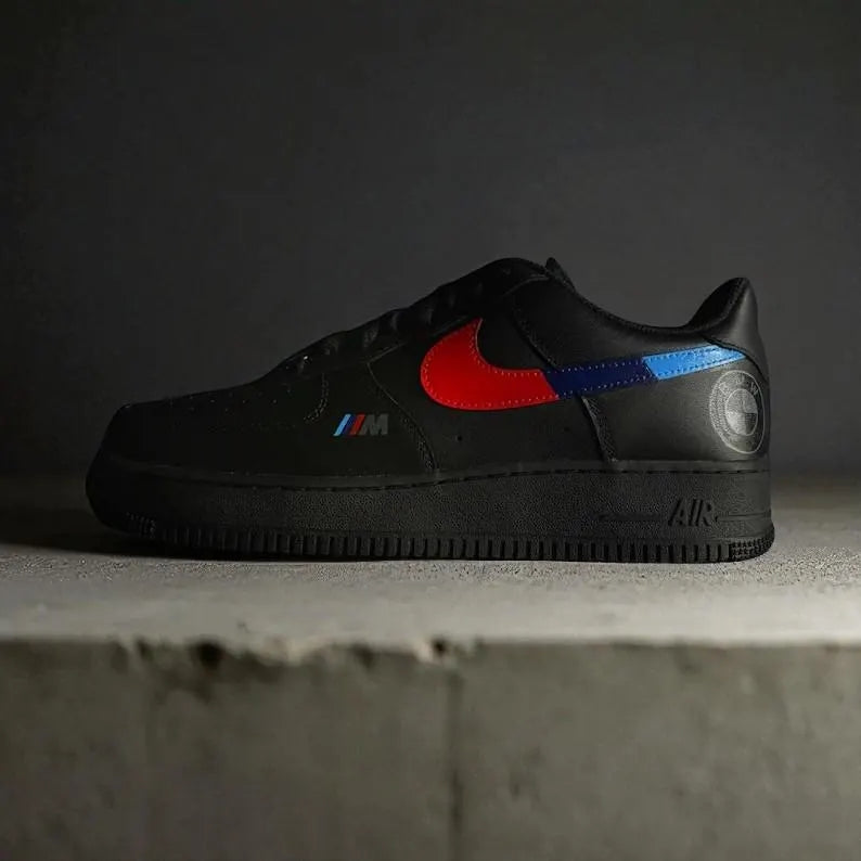 Custom Air Force 1 Black Red Blue BMW Stripes Logo