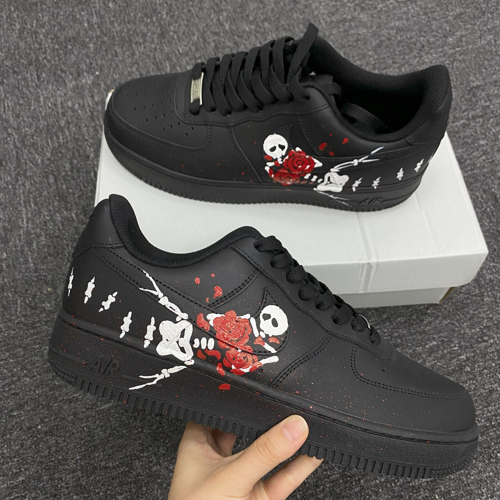 Custom Air Force 1 Black Skull And Red Roses