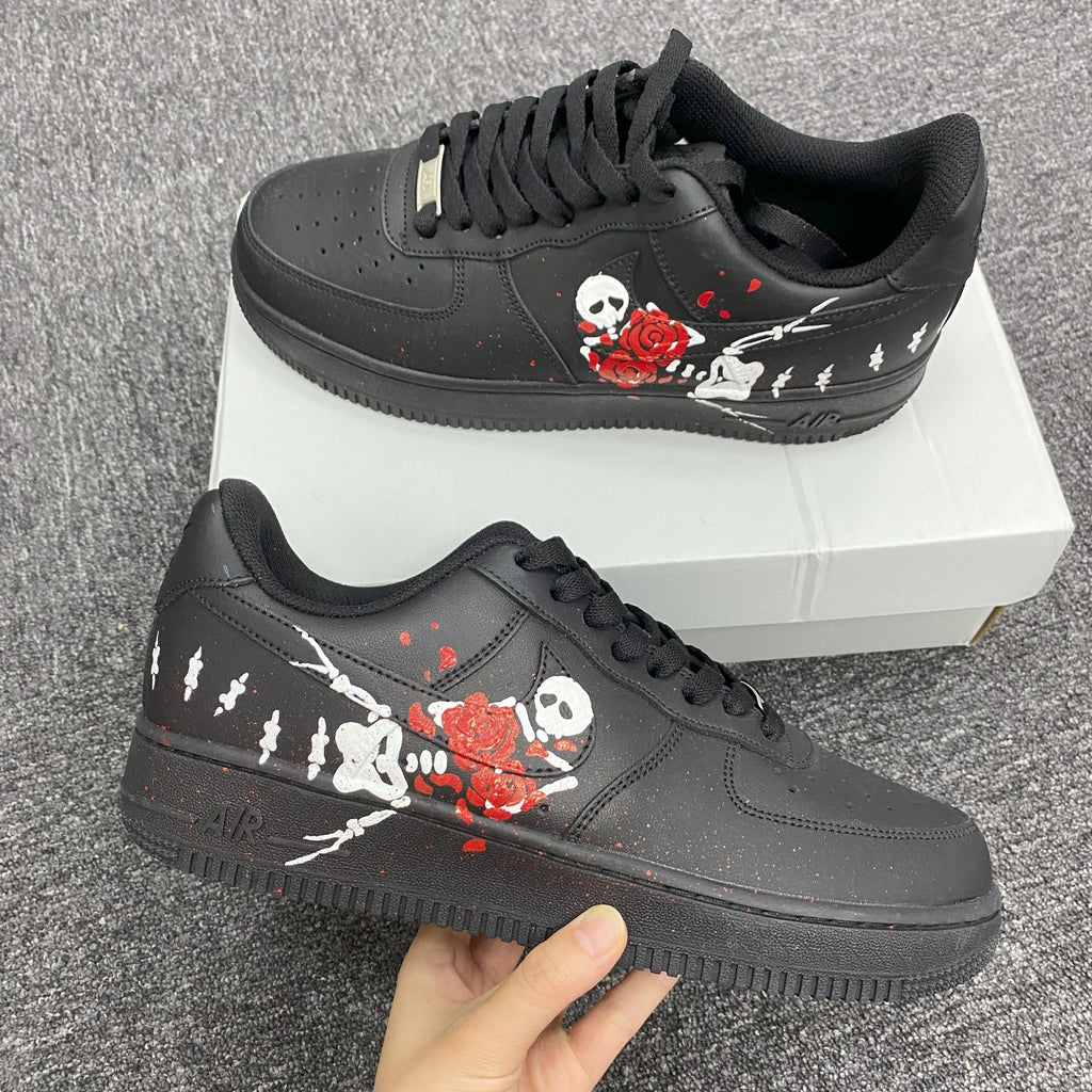 Custom Air Force 1 Black Skull And Red Roses