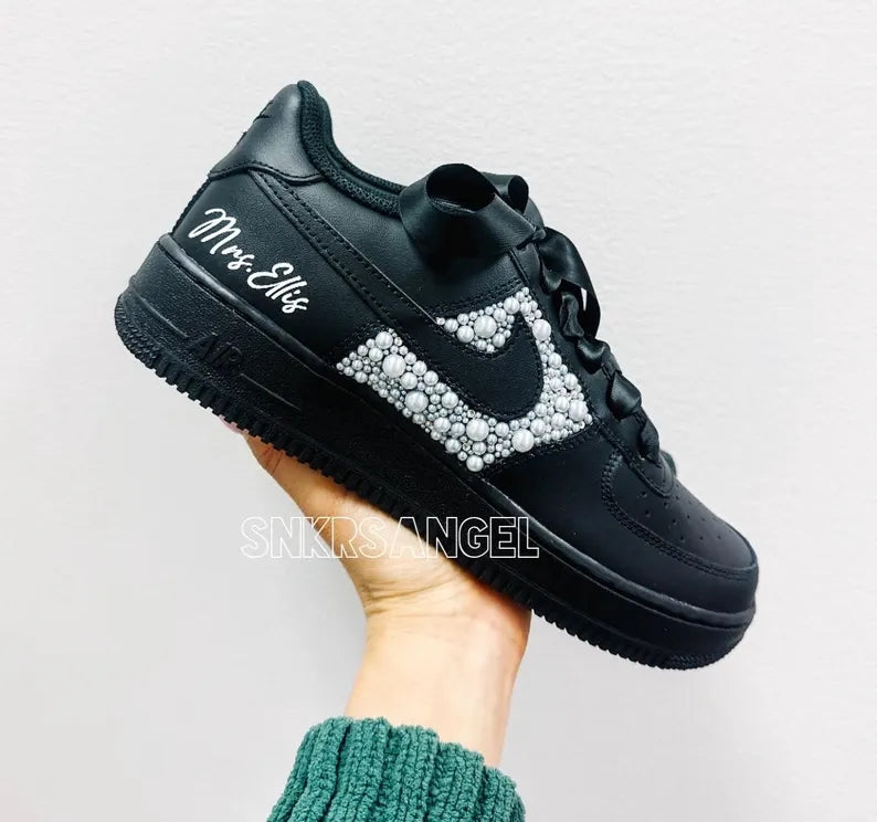 Custom Air Force 1 Black With White Pearl Embellishment