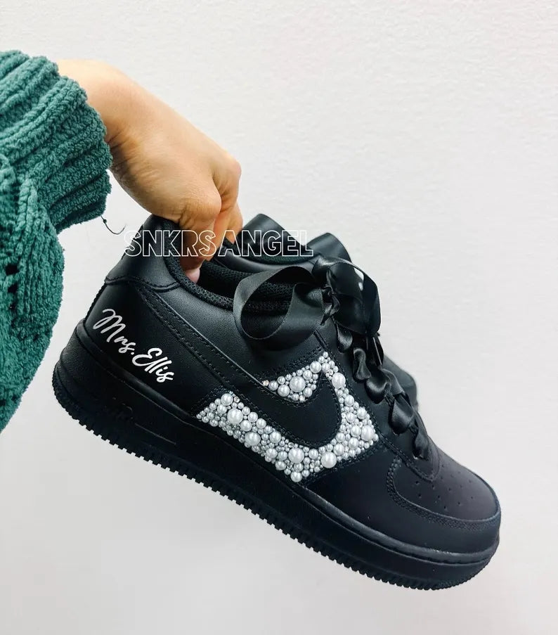 Custom Air Force 1 Black With White Pearl Embellishment