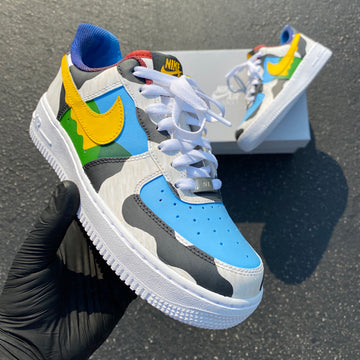 Custom Air Force 1 Blue Gray And Yellow With Camouflage Pattern