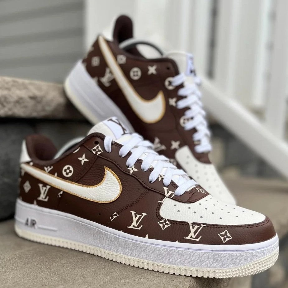 Custom Air Force 1 Brown White With LV Logo Pattern