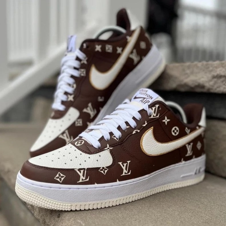 Custom Air Force 1 Brown White With LV Logo Pattern