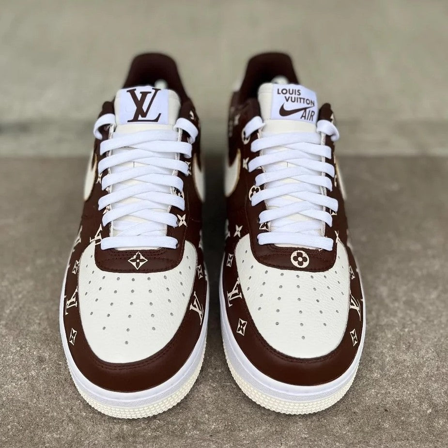 Custom Air Force 1 Brown White With LV Logo Pattern