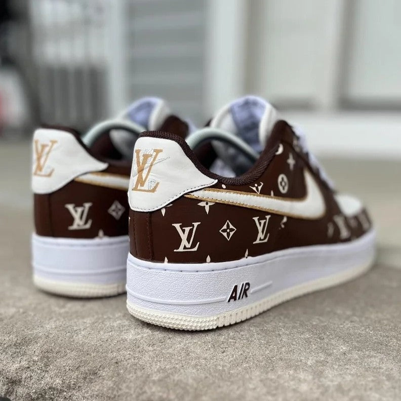Custom Air Force 1 Brown White With LV Logo Pattern