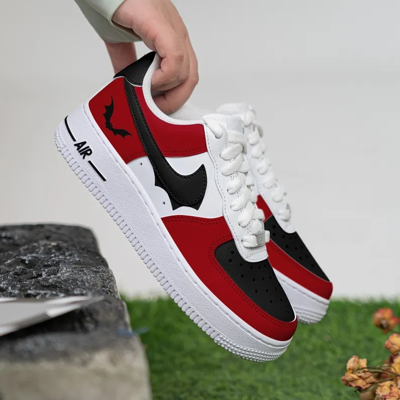 Custom Air Force 1 Red Black With Bat Pattern