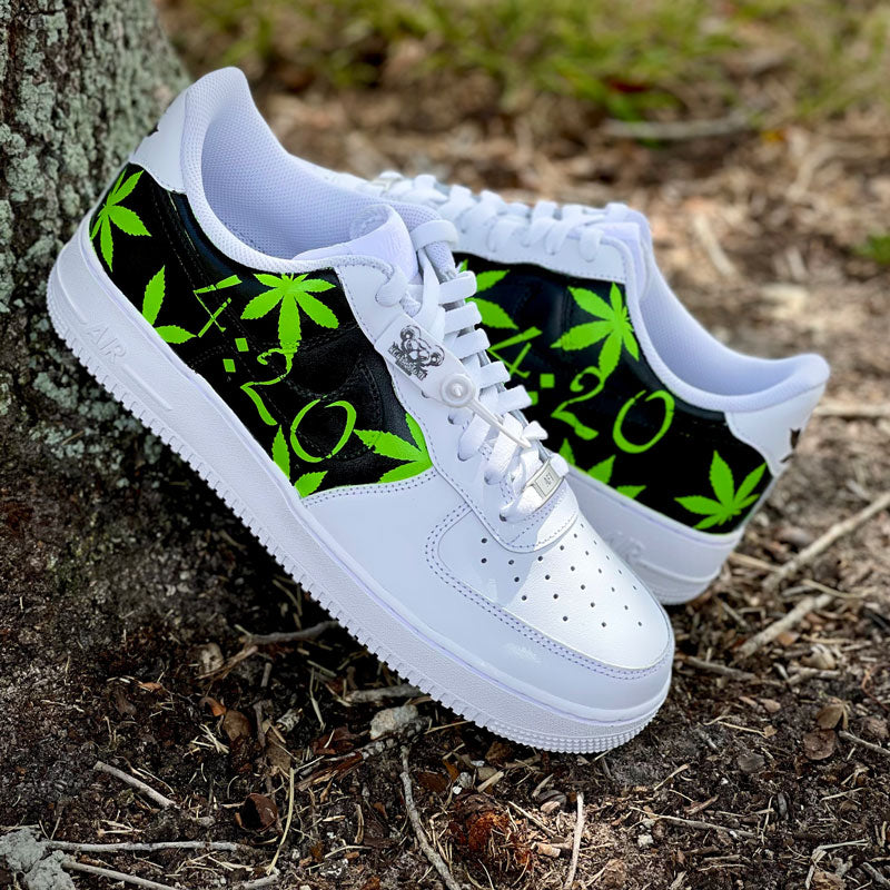 Custom Air Force 1 White And Black With Green Cannabis Leaf Pattern