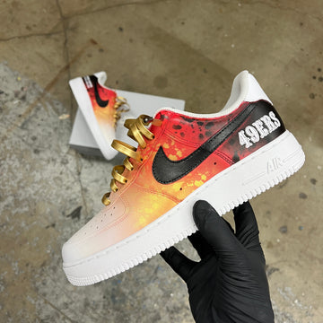 Custom Air Force 1 White And Orange With Splatter Pattern And Gold Laces 49ERS Logo
