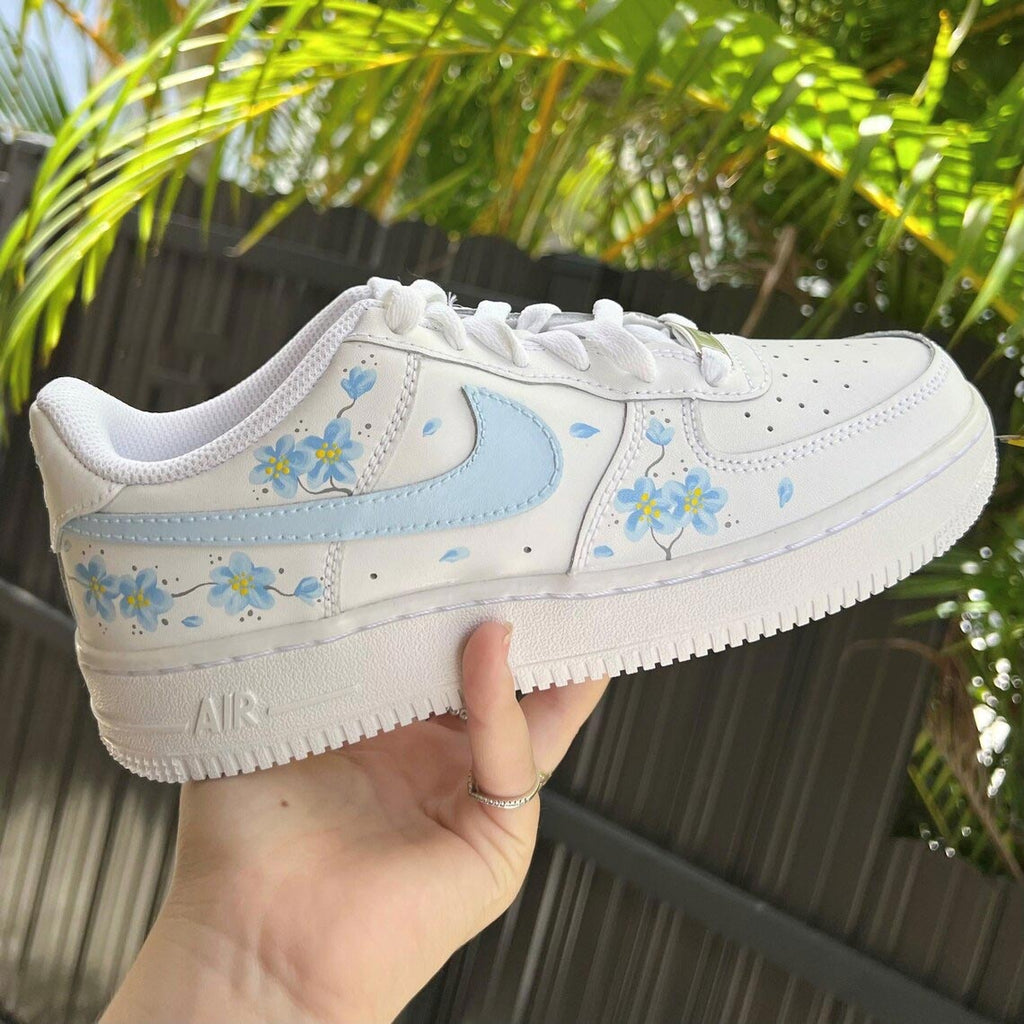 Custom Air Force 1 White Baby Blue Flower Design