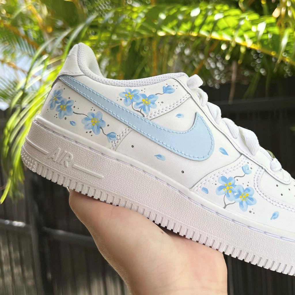 Custom Air Force 1 White Baby Blue Flower Design