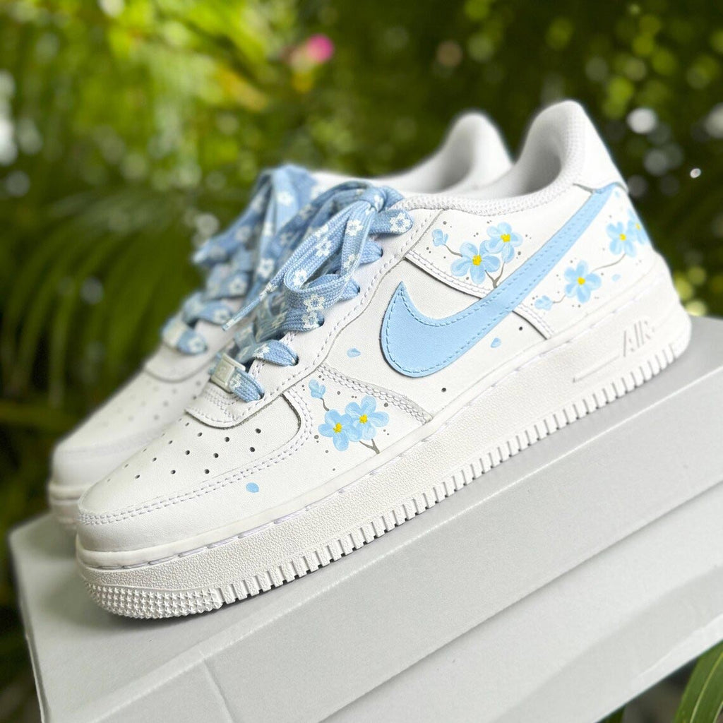 Custom Air Force 1 White Baby Blue Flower Design
