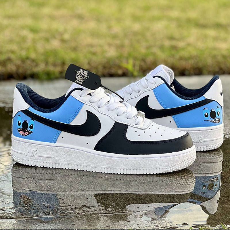 Custom Air Force 1 White Baby Blue With Stitch Cartoon Pattern