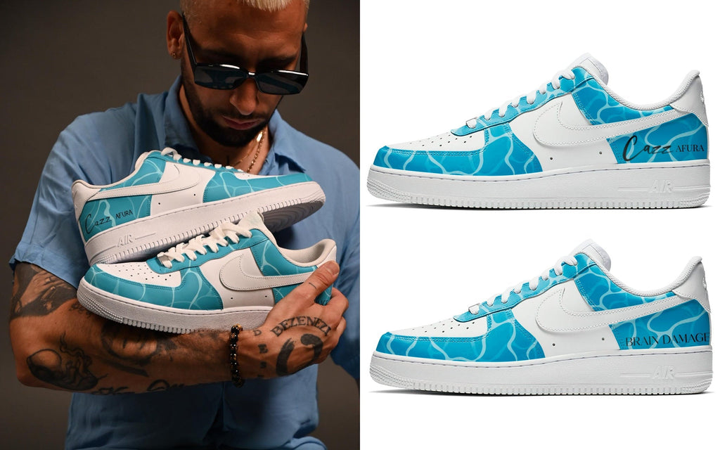 Custom Air Force 1 White Baby Blue With Water - like Pattern