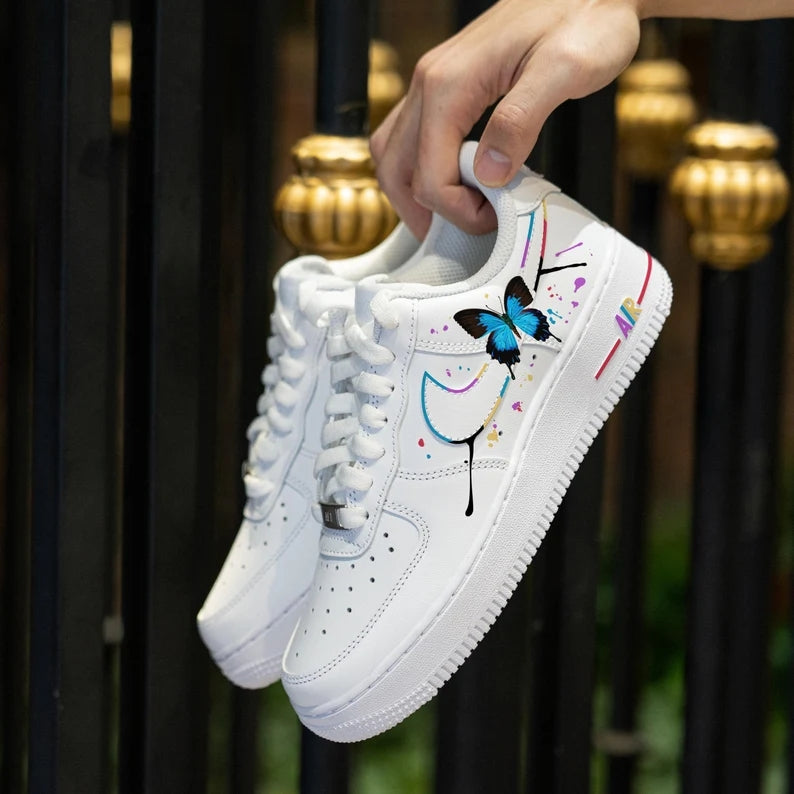 Custom Air Force 1 White Blue Butterflies And Splashes