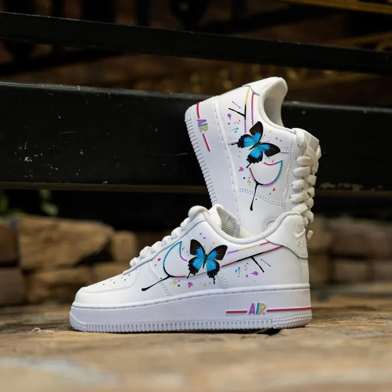 Custom Air Force 1 White Blue Butterflies And Splashes