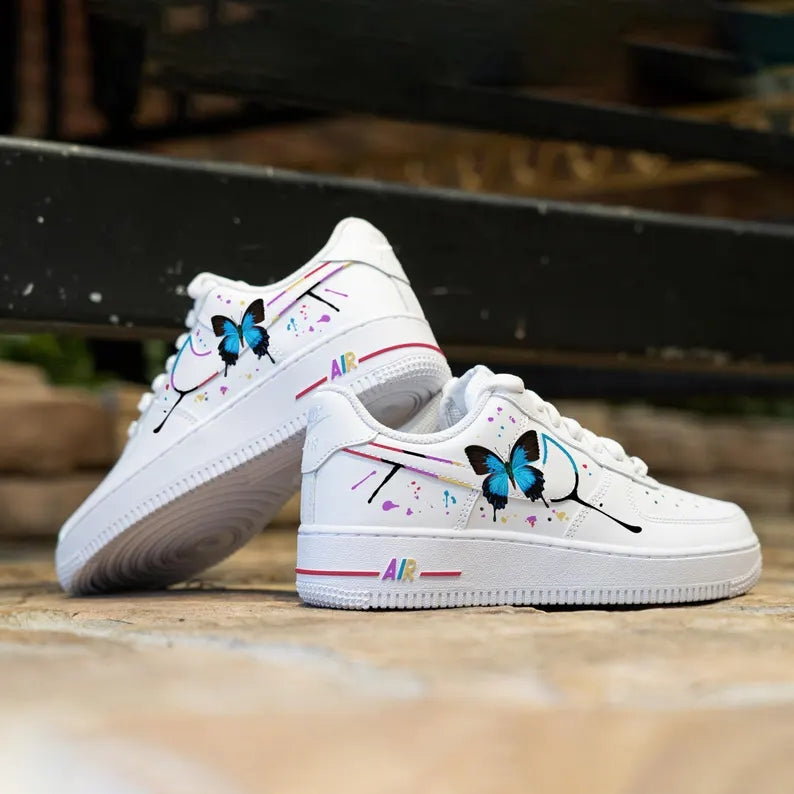 Custom Air Force 1 White Blue Butterflies And Splashes