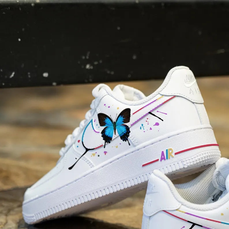 Custom Air Force 1 White Blue Butterflies And Splashes