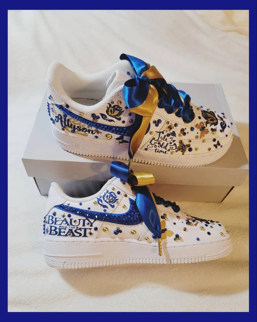 Custom Air Force 1 White Blue Gold Beauty And the Beast Theme With Rhinestones
