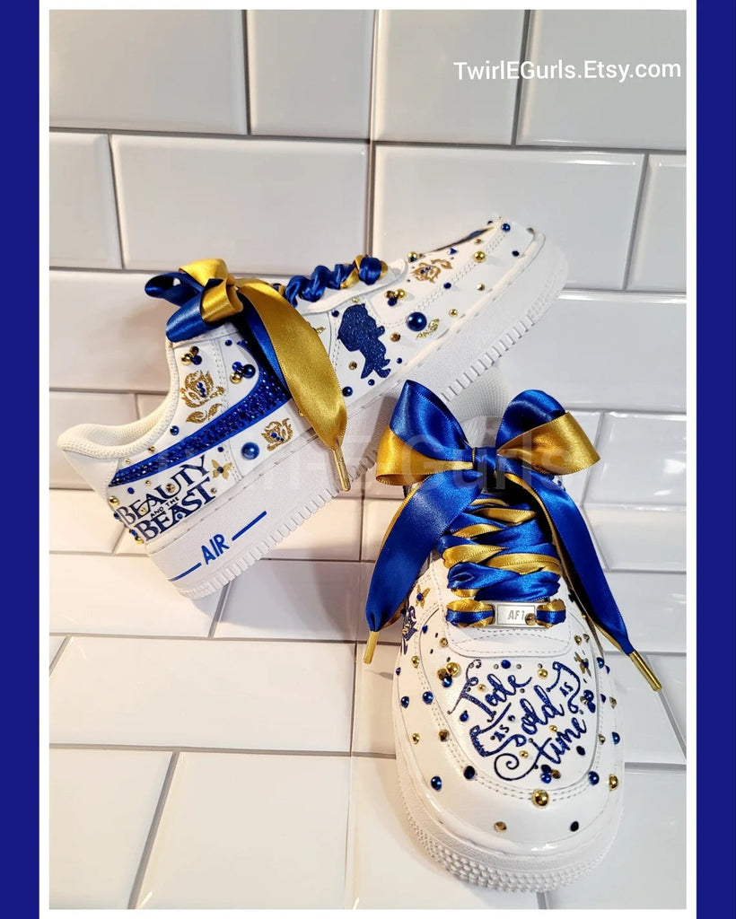 Custom Air Force 1 White Blue Gold Beauty And the Beast Theme With Rhinestones