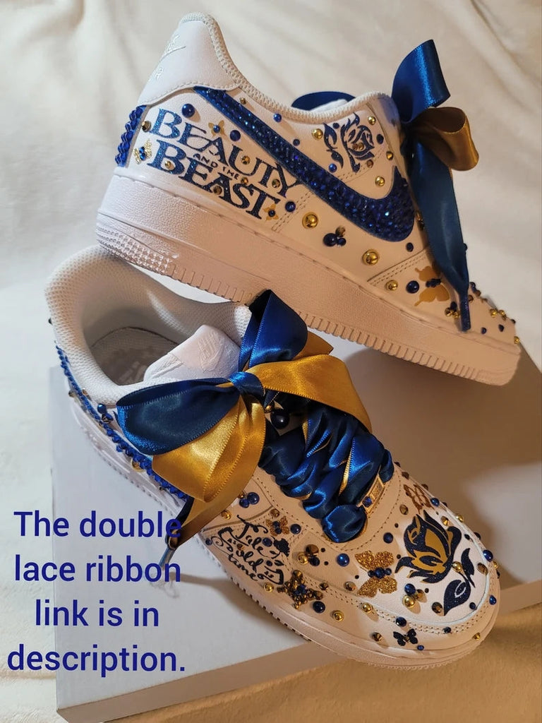 Custom Air Force 1 White Blue Gold Beauty And the Beast Theme With Rhinestones