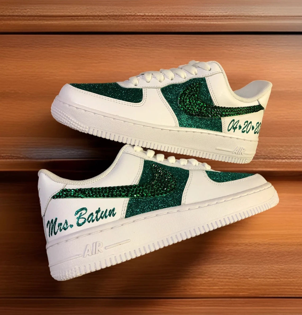 Custom Air Force 1 White Green Glitter With Embroidered Text