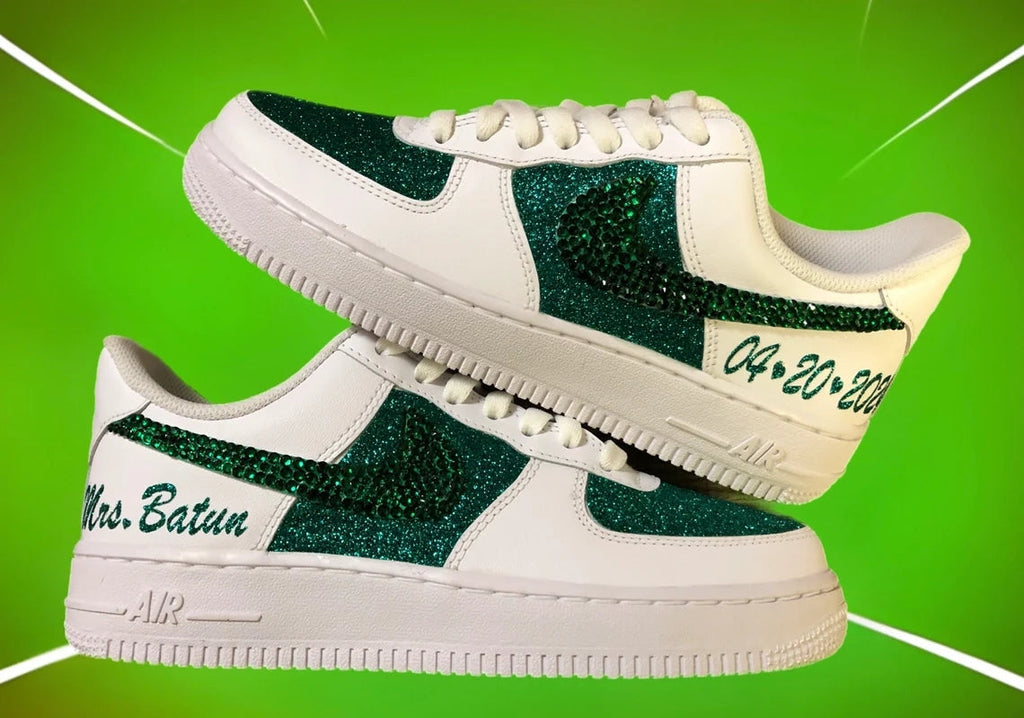 Custom Air Force 1 White Green Glitter With Embroidered Text
