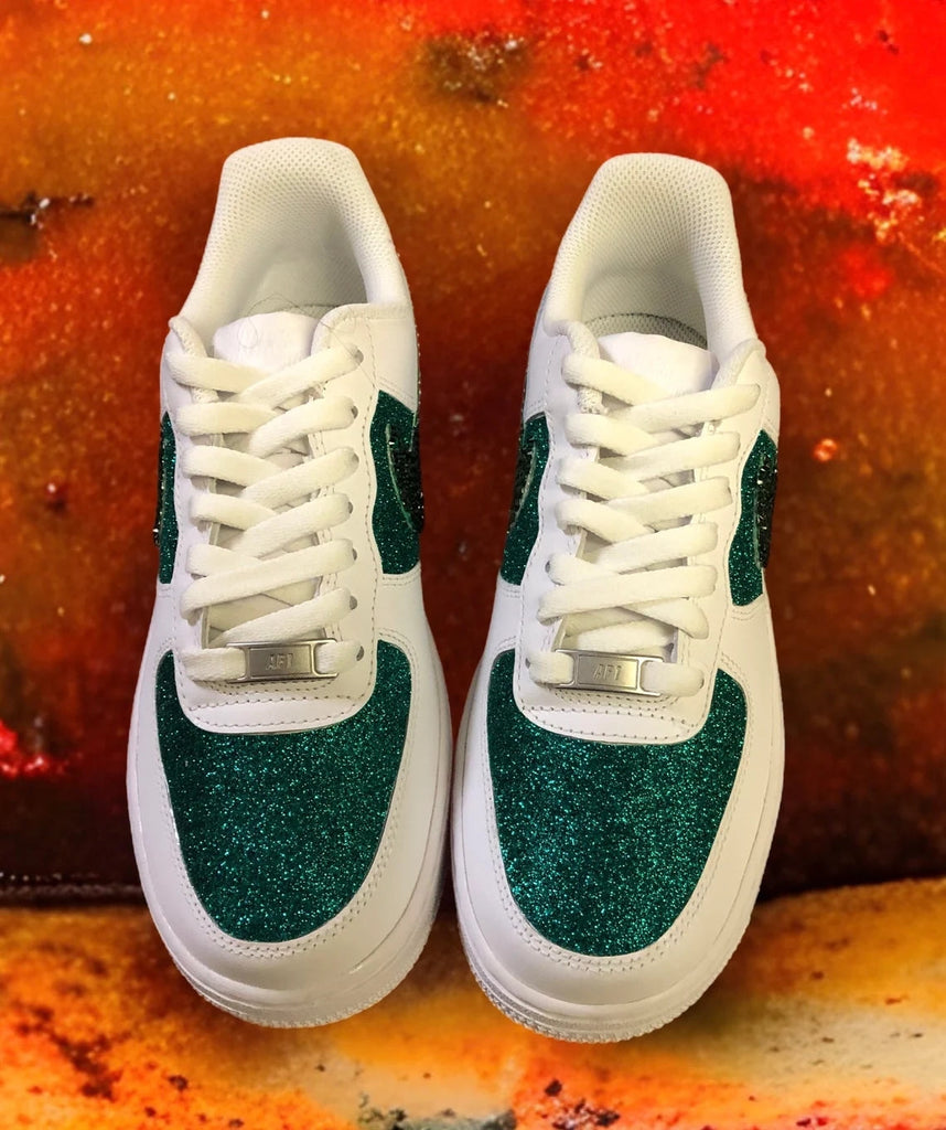 Custom Air Force 1 White Green Glitter With Embroidered Text