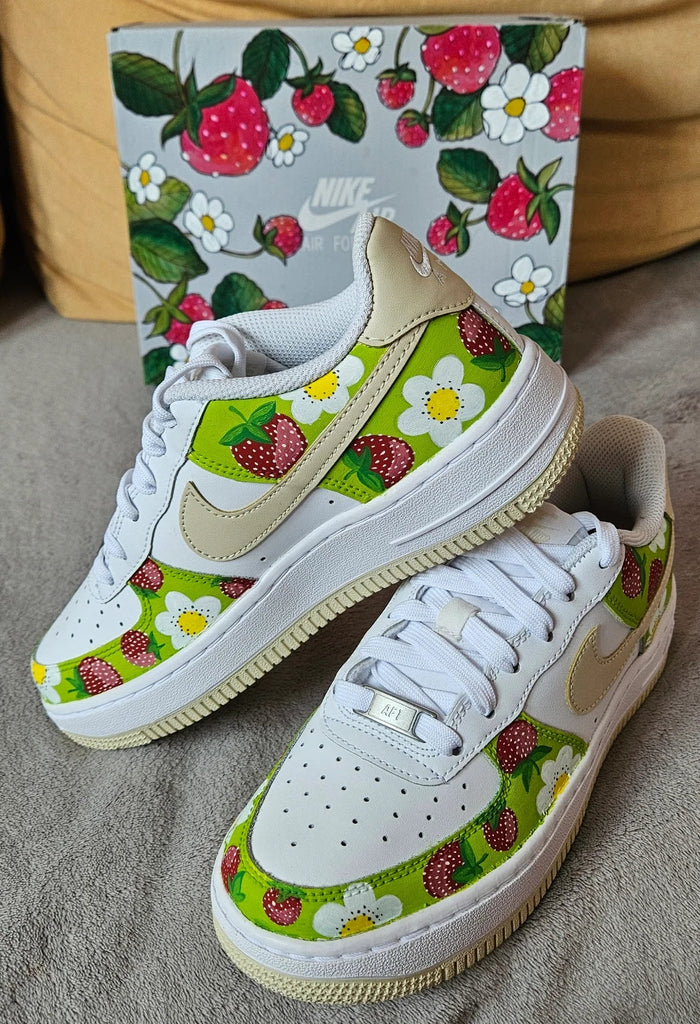 Custom Air Force 1 White Green Red Strawberry And Daisy Pattern