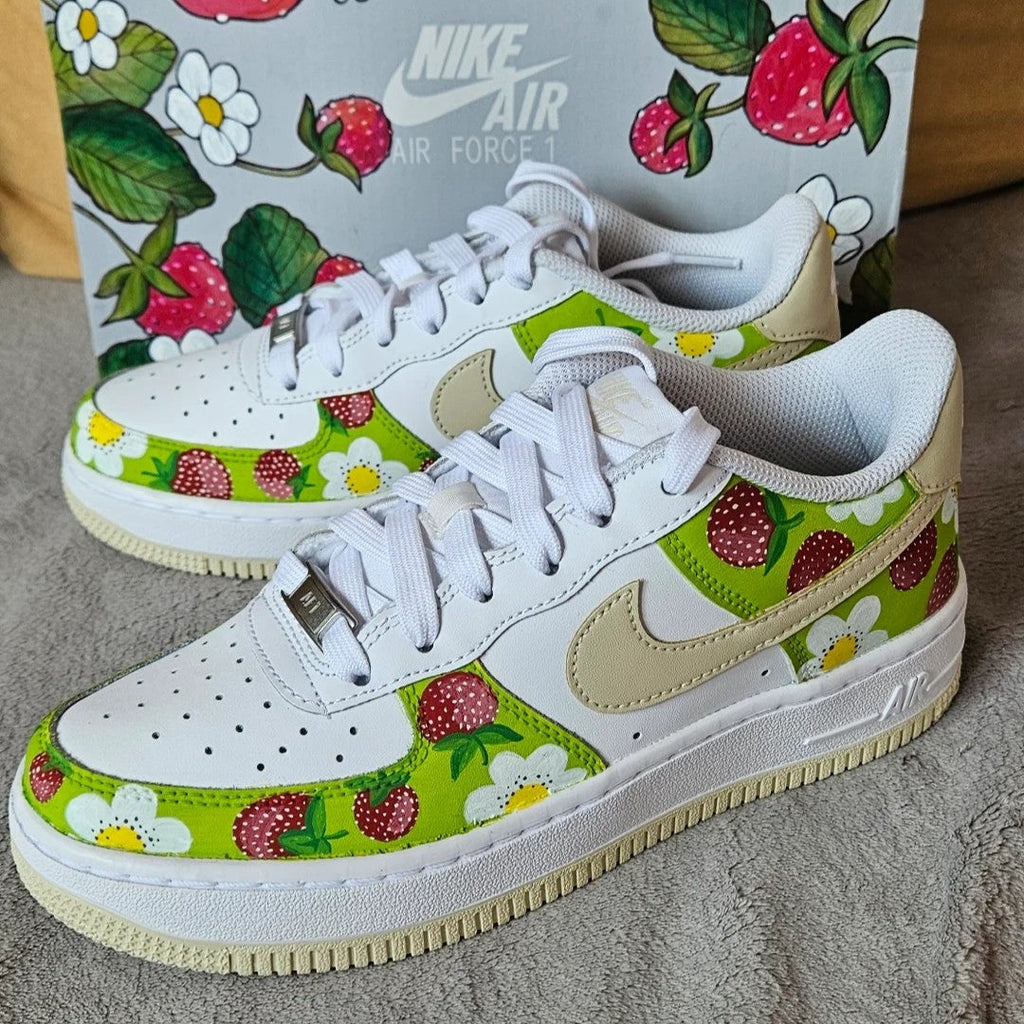 Custom Air Force 1 White Green Red Strawberry And Daisy Pattern