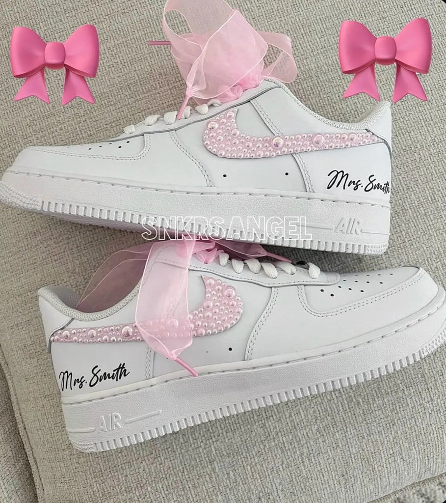 Custom Air Force 1 White Pink Pearl Bow Decoration