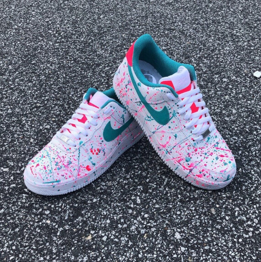 Custom Air Force 1 White Teal And Pink Splatter