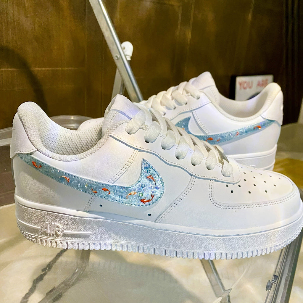 Custom Air Force 1 White With Baby Blue Koi Fish Pattern