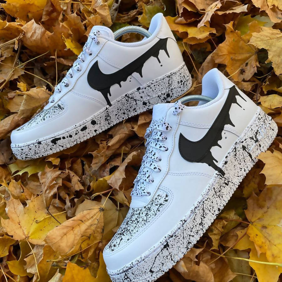 Custom Air Force 1 White With Black Drip And Splatter Patterns