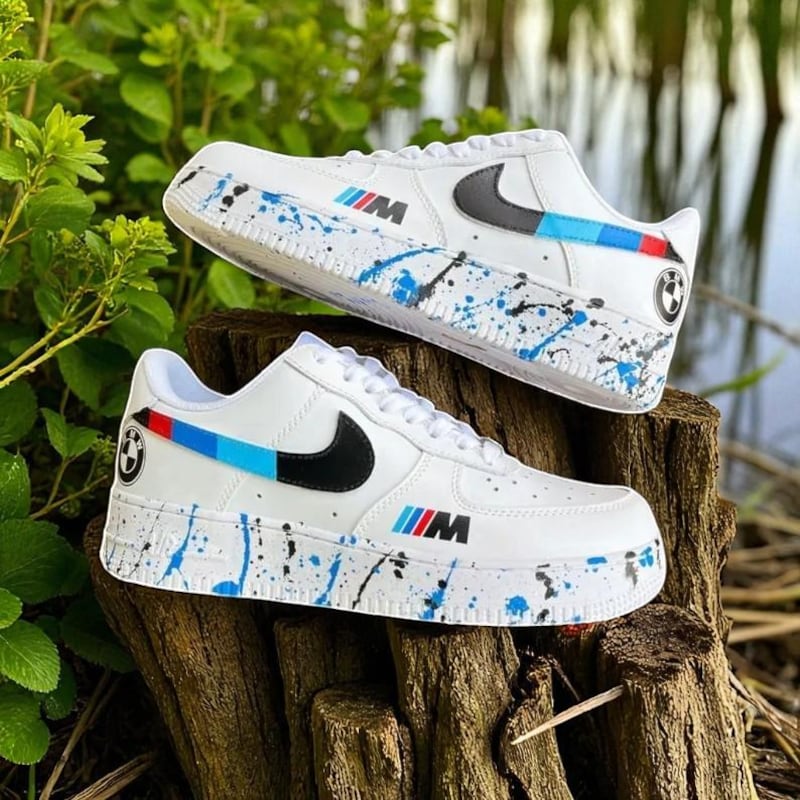 Custom Air Force 1 White With BMW Logo And Blue Splatter