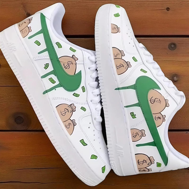 Custom Air Force 1 White With Money - Bag Green Swoosh