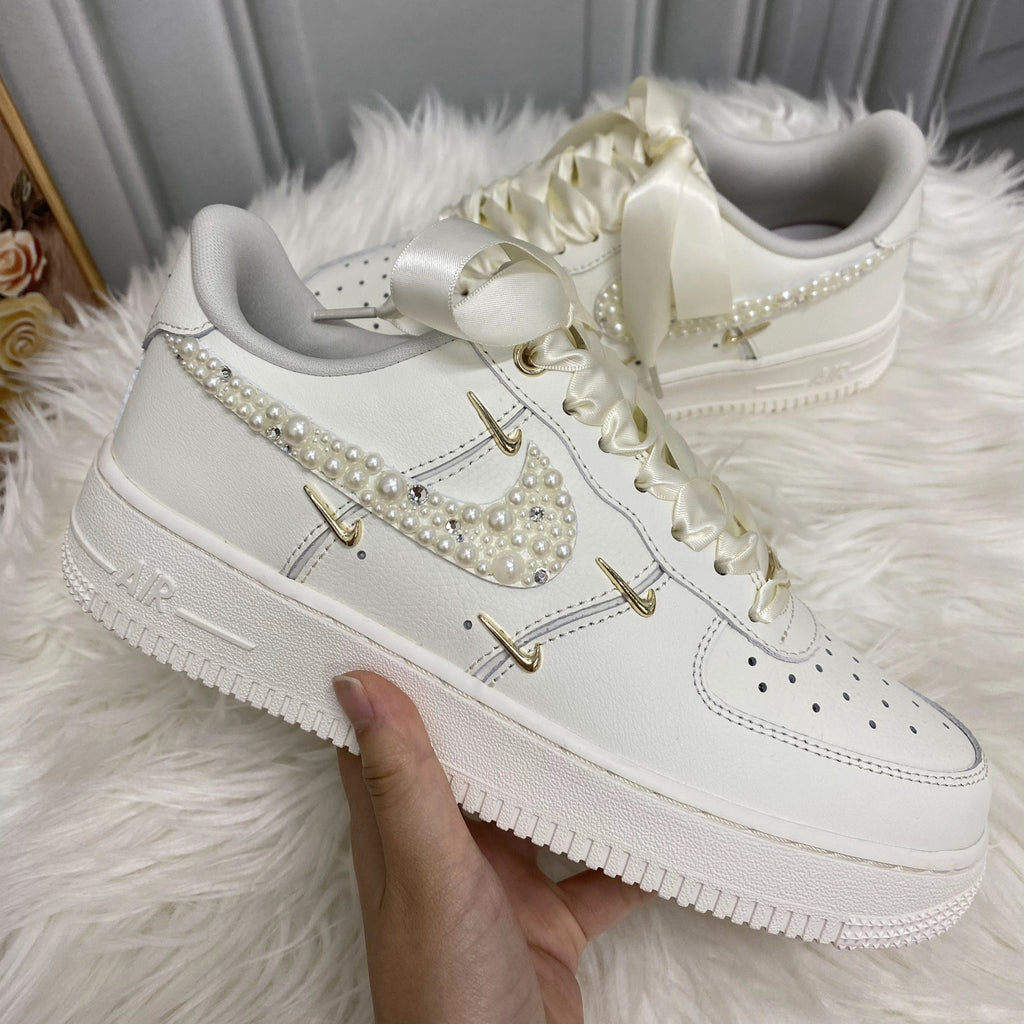 Custom Air Force 1 White With Pearls And Satin Ribbons