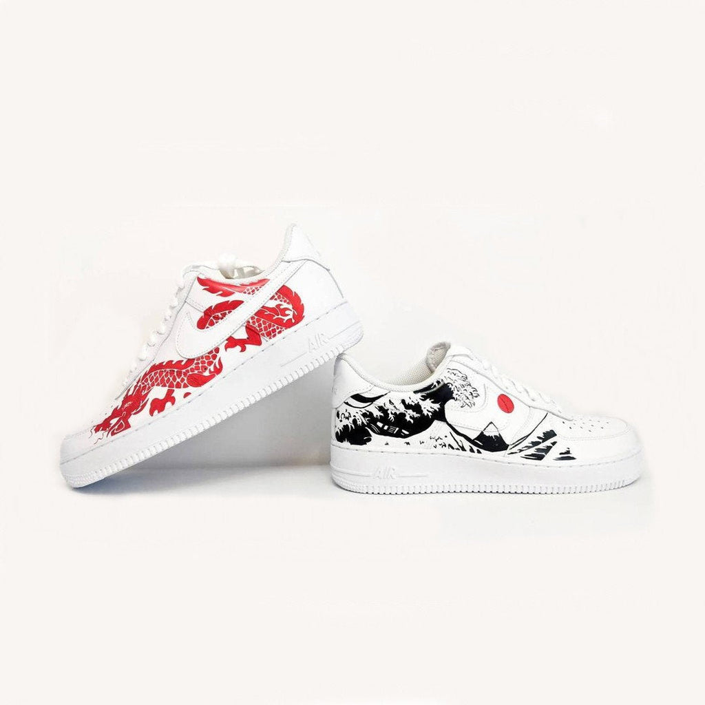 Custom Air Force 1 White With Red Dragon And Black Wave Pattern