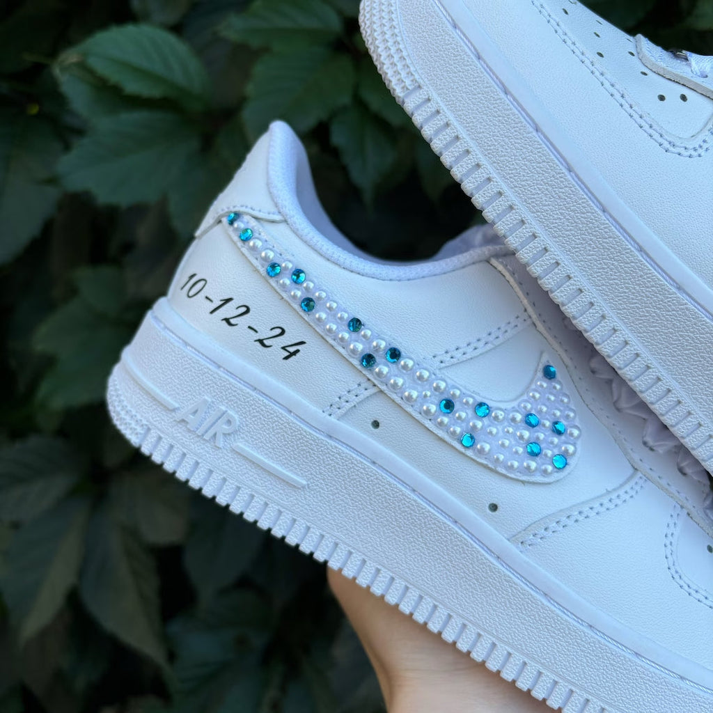 Custom Air Force 1 White With Rhinestones And Pearls Swoosh