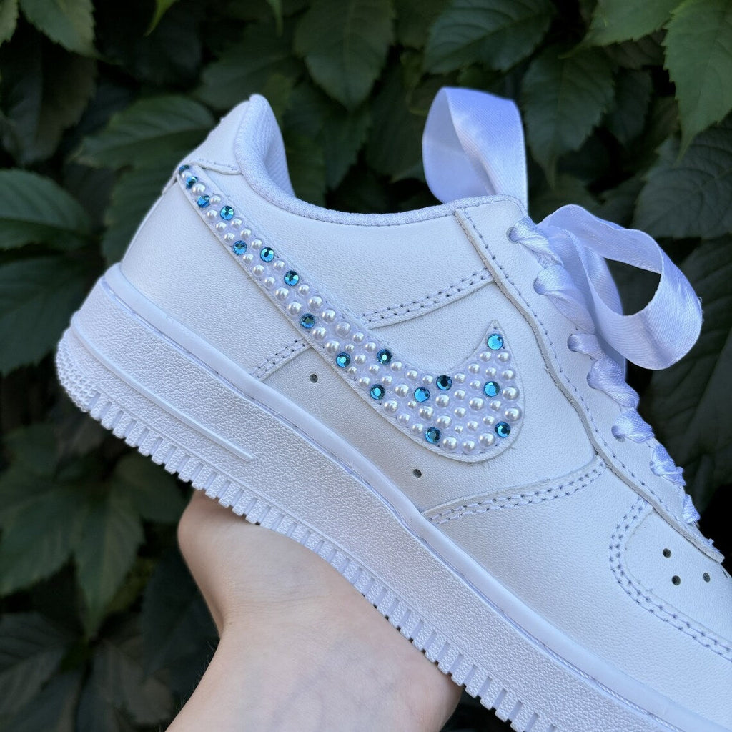Custom Air Force 1 White With Rhinestones And Pearls Swoosh