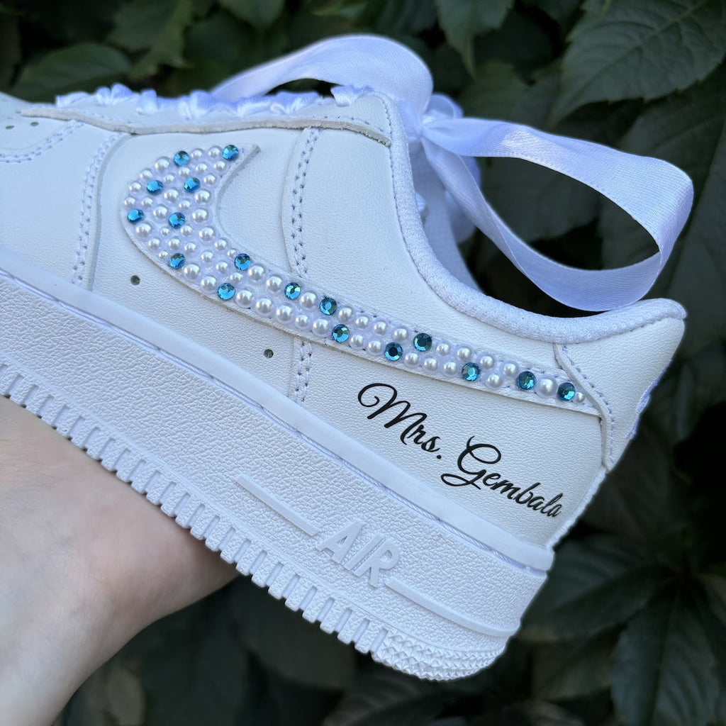 Custom Air Force 1 White With Rhinestones And Pearls Swoosh