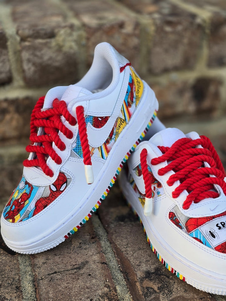 Custom Air Force 1 White With Spider - Man Comic Pattern And Red Laces